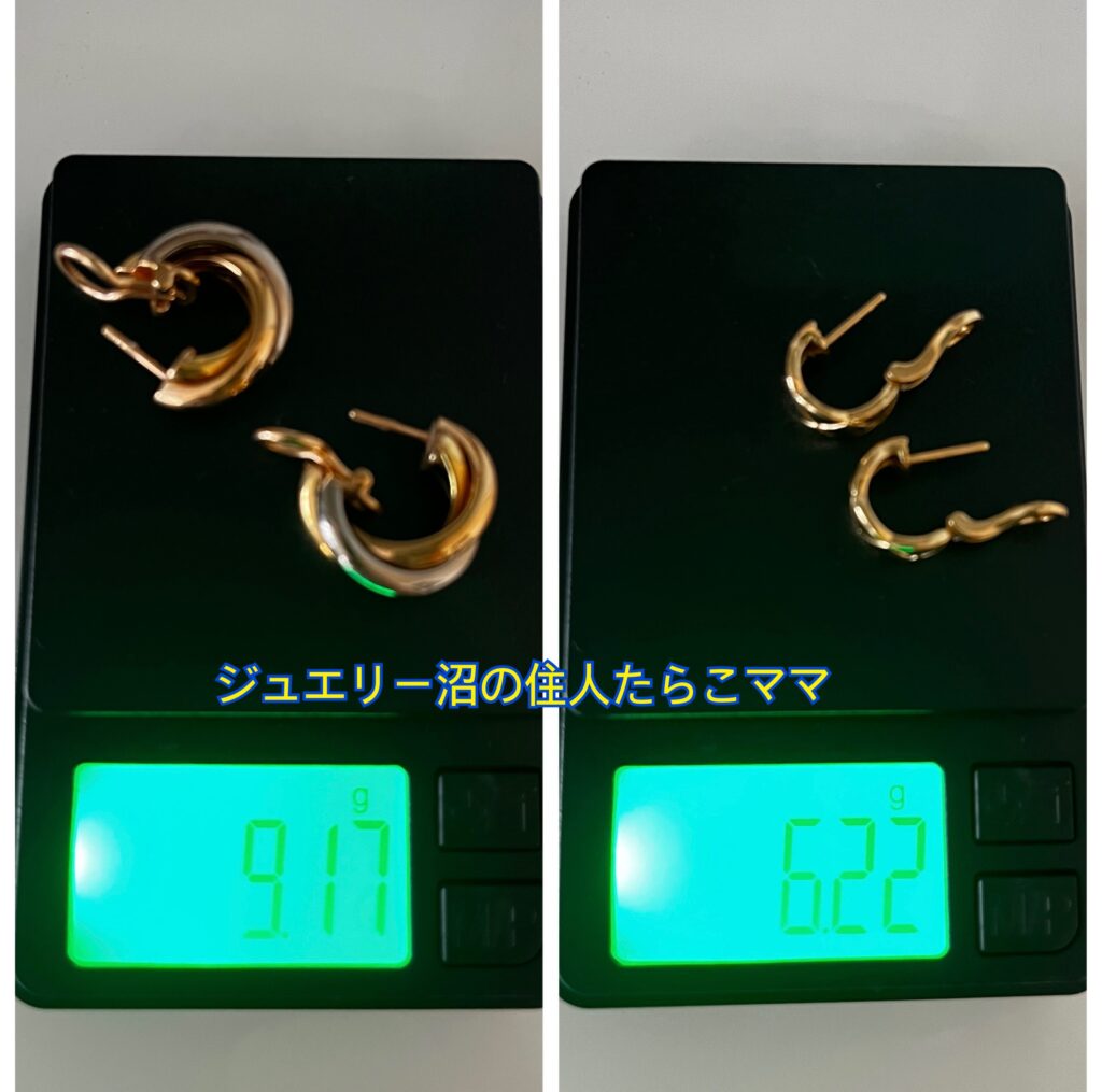 ココクラッシュピアスとトリニティピアスの重さの違い